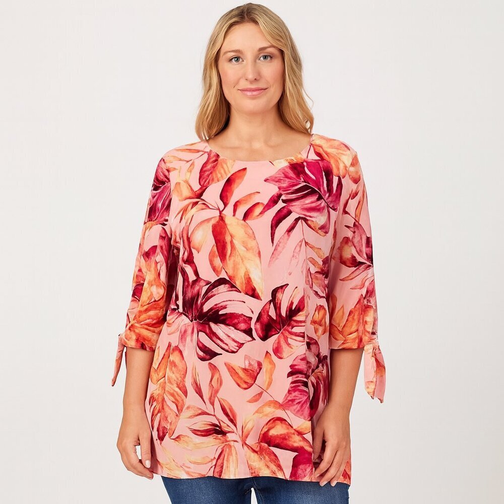 EUC Susan Graver 3/4 Sleeve Floral Tie Tunic Top Pink Orange Print Size M